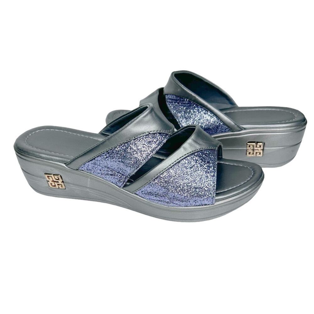 Glitter Platform Wedge Comfort Slide Sandal Gunmetal Gray Beach Nautical